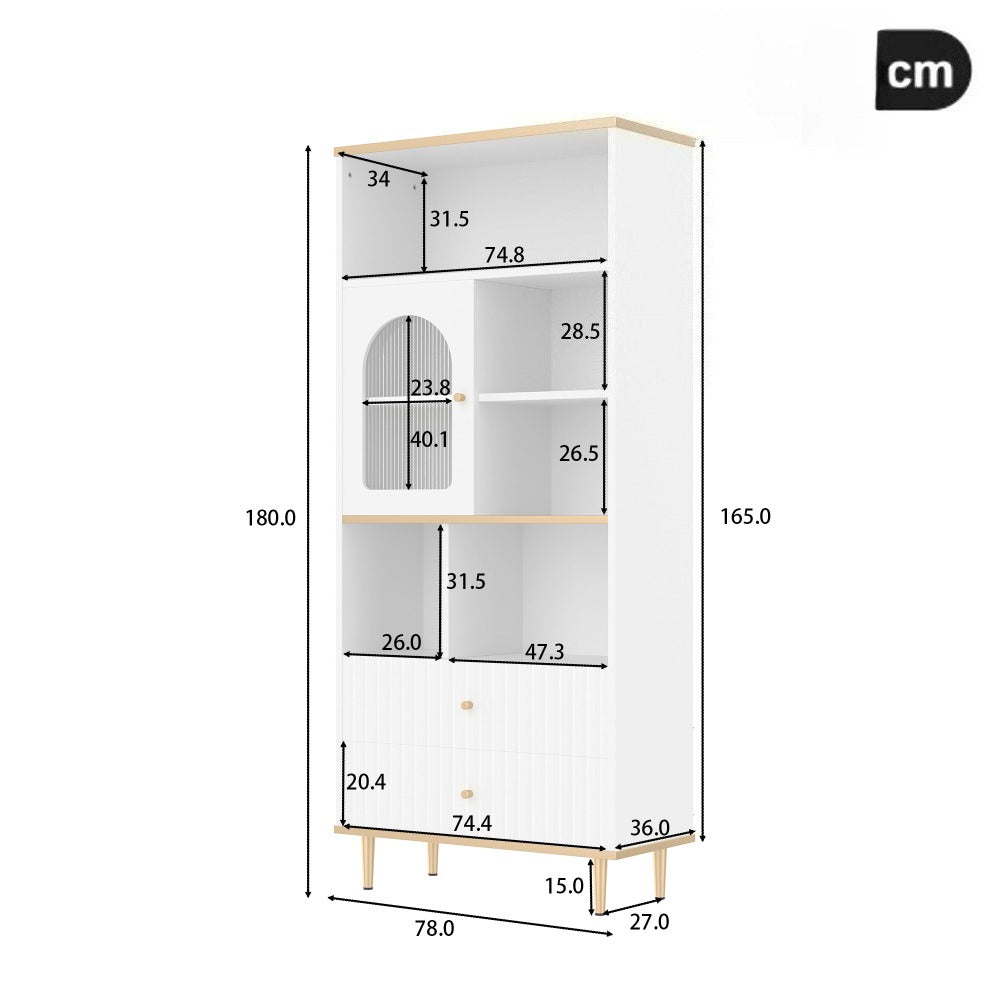 Multifunctionele Kast – Opbergkast – Vitrinekast – Boekenkast – Bergkast – Wit Design – Transparante Glazen Deuren – 2 Geruisloze Lades – 78x36x180 cm