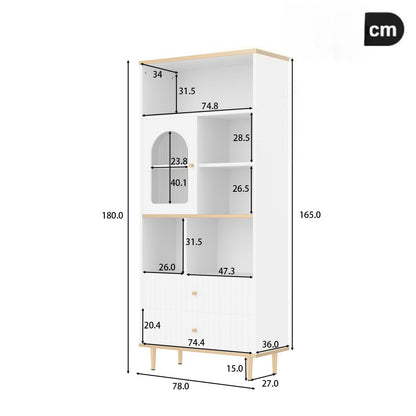 Multifunctionele Kast – Opbergkast – Vitrinekast – Boekenkast – Bergkast – Wit Design – Transparante Glazen Deuren – 2 Geruisloze Lades – 78x36x180 cm