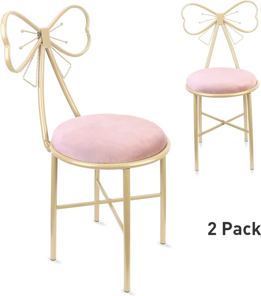 Set van 2 Stoelen - Roze met Goud - Strikvorm - Meisjeskamer - Speelgoedkamer - Make-up Stoel - Smeedijzer