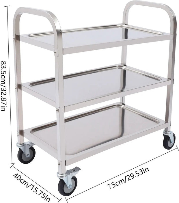 Serveerwagen - Trolley keuken op wieltjes - Keukentrolley - Roestvrijstaal - 75 cm - Zilver