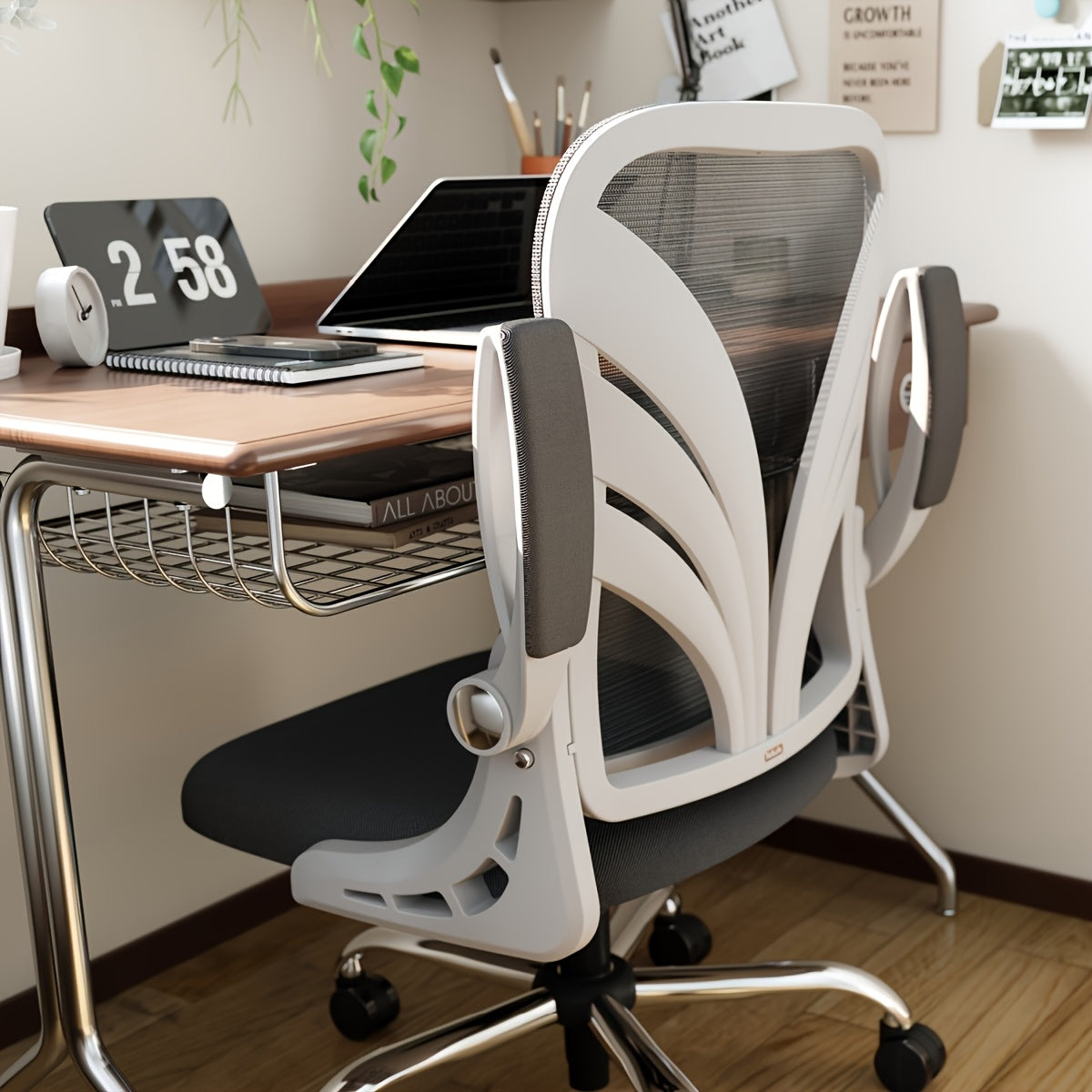 Ergonomische Bureaustoel – Kantoorstoel – Werkstoel – Bureaustoel Opvouwbaar – Bureaustoel Met Armleuningen – Ademend Mesh – Verstelbare Lendensteun – Ruimtebesparend Design – Wit/Zwart