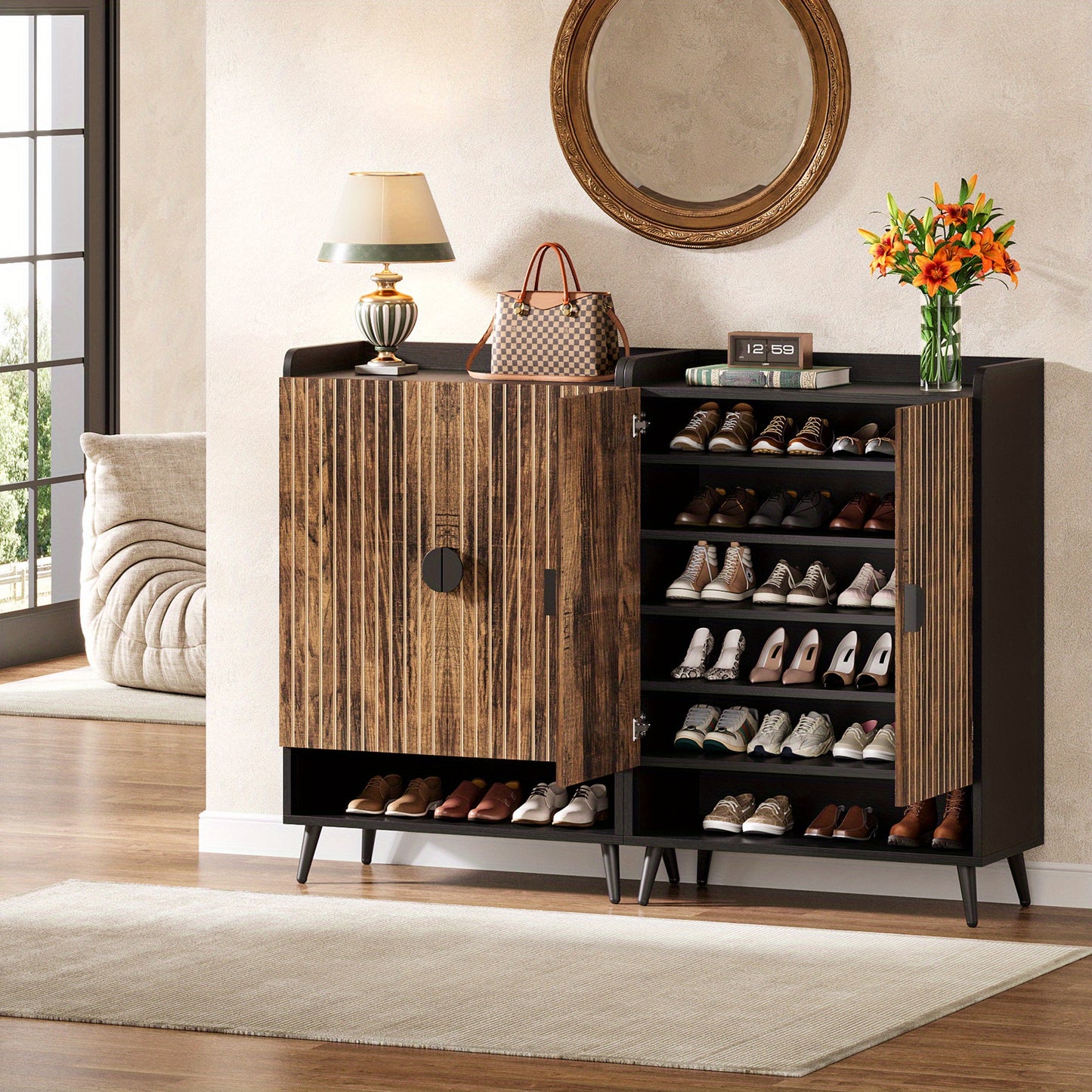 Schoenenkast – Schoenopberger – Schoenenrek – Schoenenschuifkast – Schoenmeubel – Rustic Brown Zwarte Afwerking – 6 Laags Met 3 Lades En 2 Deuren – Massief Hout En Kunststof Board – Compact 68,5 cm Hoogte