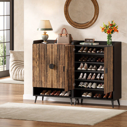 Schoenenkast – Schoenopberger – Schoenenrek – Schoenenschuifkast – Schoenmeubel – Rustic Brown Zwarte Afwerking – 6 Laags Met 3 Lades En 2 Deuren – Massief Hout En Kunststof Board – Compact 68,5 cm Hoogte