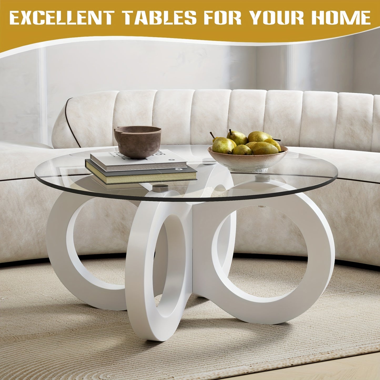 Koffietafel – Salontafel – Bijzettafel – Woonkamertafel – Rondetafel – Modern Design – Wit Glas – Ruimtebesparend – Sculpturale Oneindigheidsbasis – Diameter 80 cm – MDF & Metaal