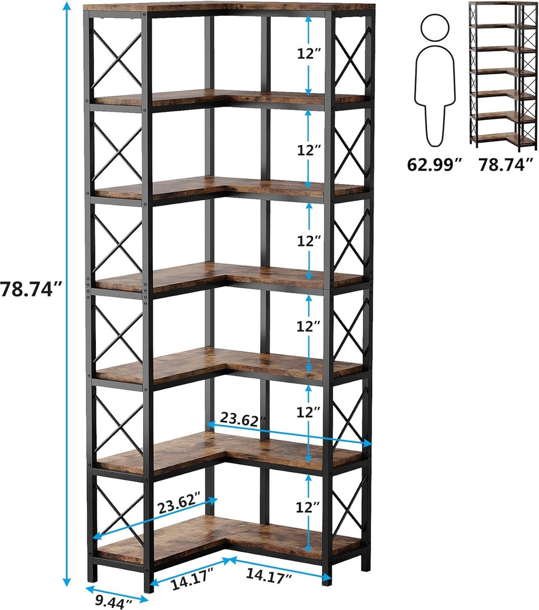 Boekenkast - Hoek Boekenkast met 7 Planken - Industrieel Grote Hoekplank - Spaanplaat - Bruin en Zwart - 60 x 60 x 200 cm