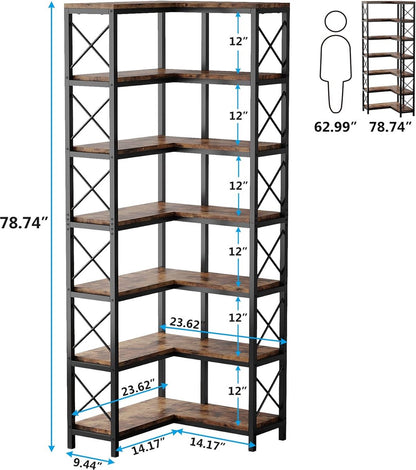 Boekenkast - Hoek Boekenkast met 7 Planken - Industrieel Grote Hoekplank - Spaanplaat - Bruin en Zwart - 60 x 60 x 200 cm
