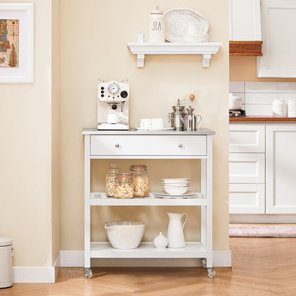 Keukentrolley – Serveerwagen – Keukenkast – Trolley op Wielen – Keukenwagen – Compact 81x90x45 cm – MDF en RVS Werkblad – Mobiel met 4 Wielen en Remmen