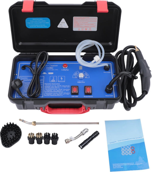 Stoomreiniger Draagbaar - 3000W - Hogedruk - Automatisch - 220V - Heavy Duty - Instelbaar Stoomvolume - incl. 6 Opzetstukken - Tapijt, Auto, Koelkast, Bank, Airconditioning, Vloer