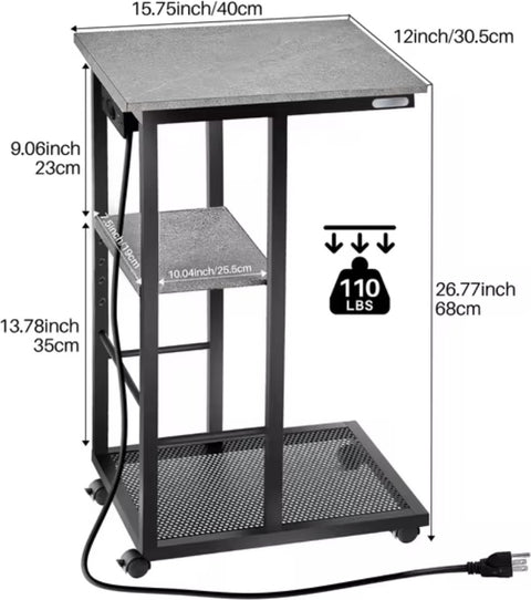 Sidetable - C-vorm eindtafel - Banktafel - Bijzettafel - Op wieltjes - Usb/Usb-c - Stopcontact - Grijs/Zwart