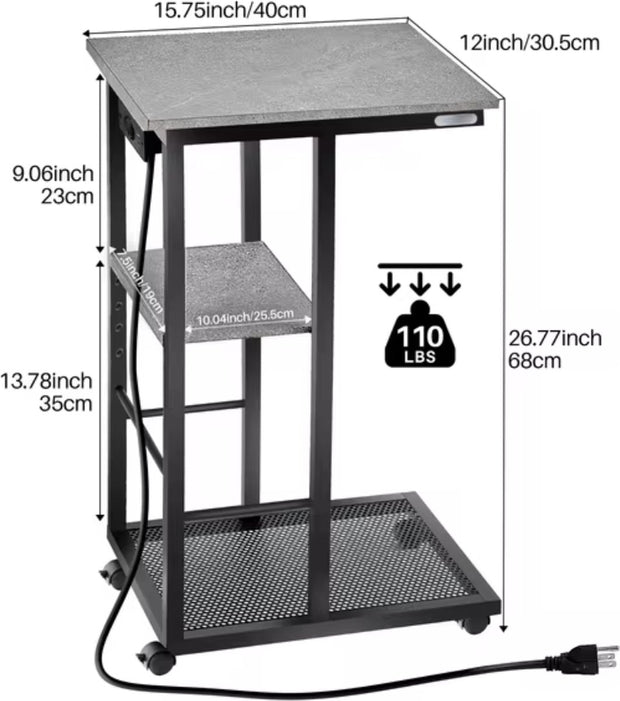 Sidetable - C-vorm eindtafel - Banktafel - Bijzettafel - Op wieltjes - Usb/Usb-c - Stopcontact - Grijs/Zwart