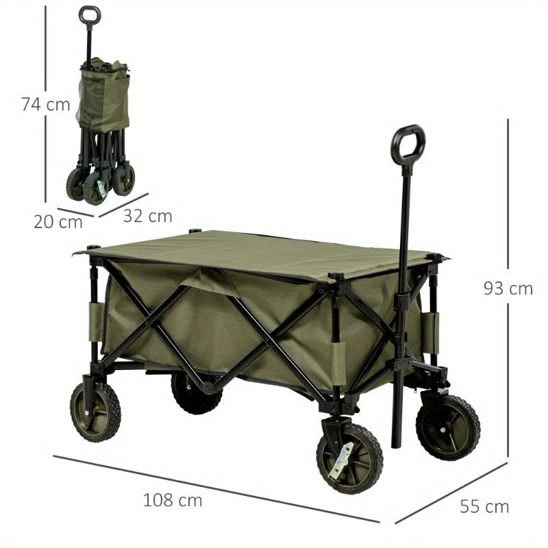 Bolderkar – Bolderwagen – Trekkar – Opvouwbare Transportkar – Strandkar – Opvouwbaar – Afneembare Kap – Verstelbare Handgreep – Kantelbaar Laadvlak – Stevig Stalen Frame – Grote All-Terrain Wielen – Groen 106,7x54,9x93 cm