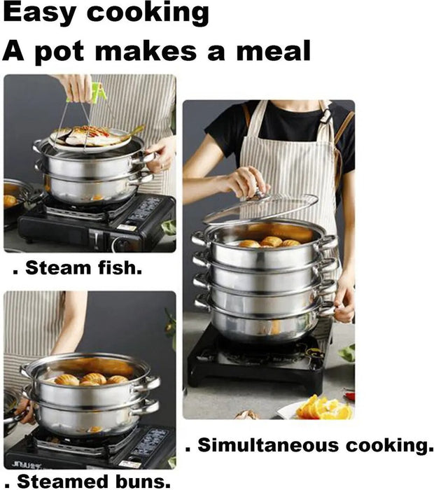 Professionele Stoompan - 5 lagen - Stoomkoker - Ø30cm - Topkwaliteit - RVS - Glazen deksel - Inductie Gas Elektrisch