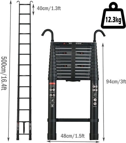 Telescopische Opvouwbare Ladder - 5M Aluminium Verlengladder met Afneembare Haak en Antislipdoppen - Geschikt voor Schilderen, Ramen Wassen, Onderhoud - Werkhoogte 500cm