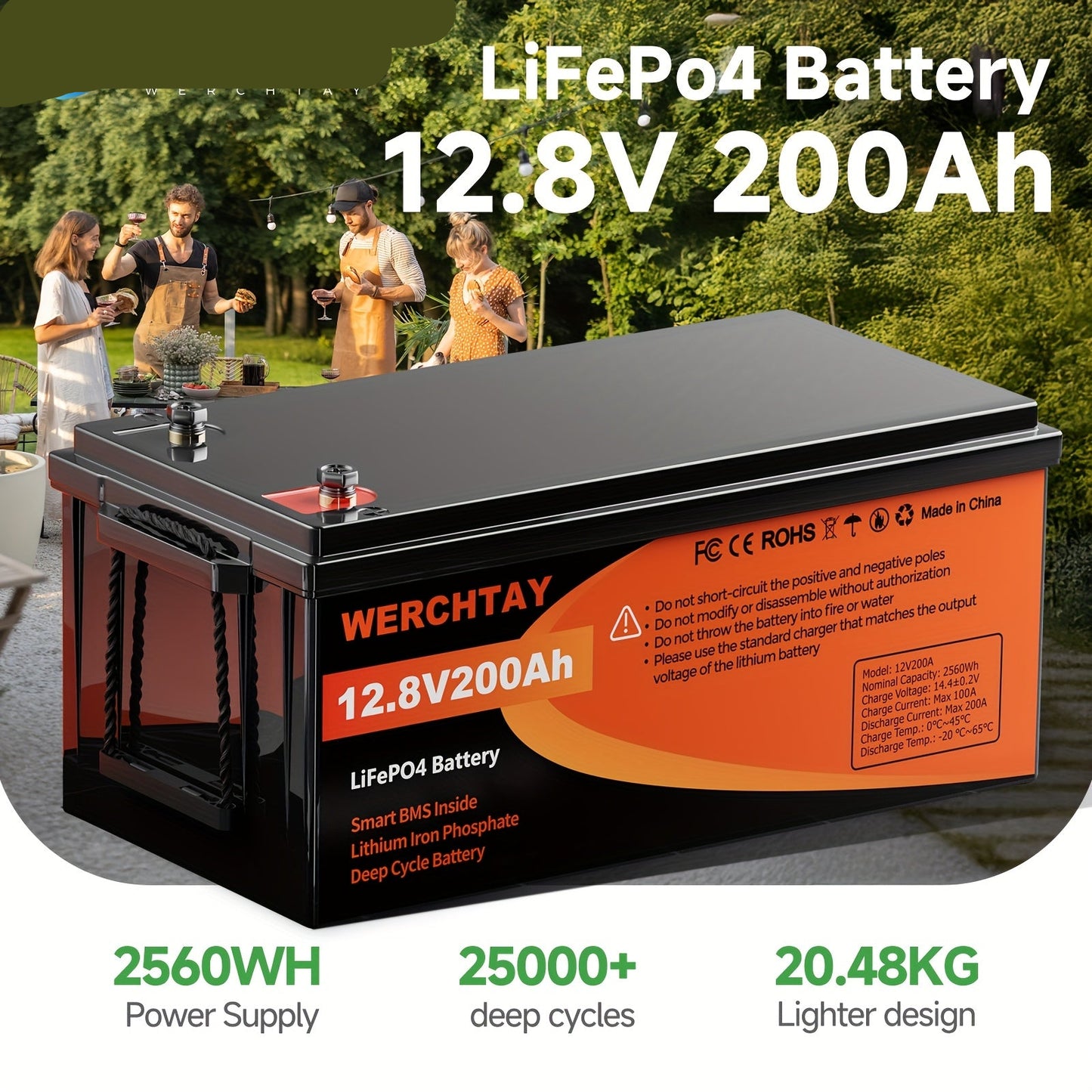 12,8V 200Ah LiFePO4 Accu – Lithium Batterij – Noodaccu – Zonne-energie Batterij – Camping Accu – Hoge Capaciteit – BMS Beveiliging – Lange Levensduur