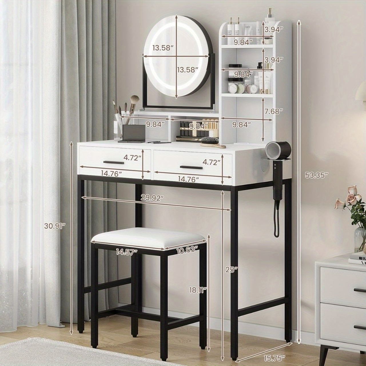 Makeuptafel – Kaptafel – Schminktisch – Vanity Tafel – Makeup Bureau – 360° Draaibare Spiegel – Verstelbare Hoogte