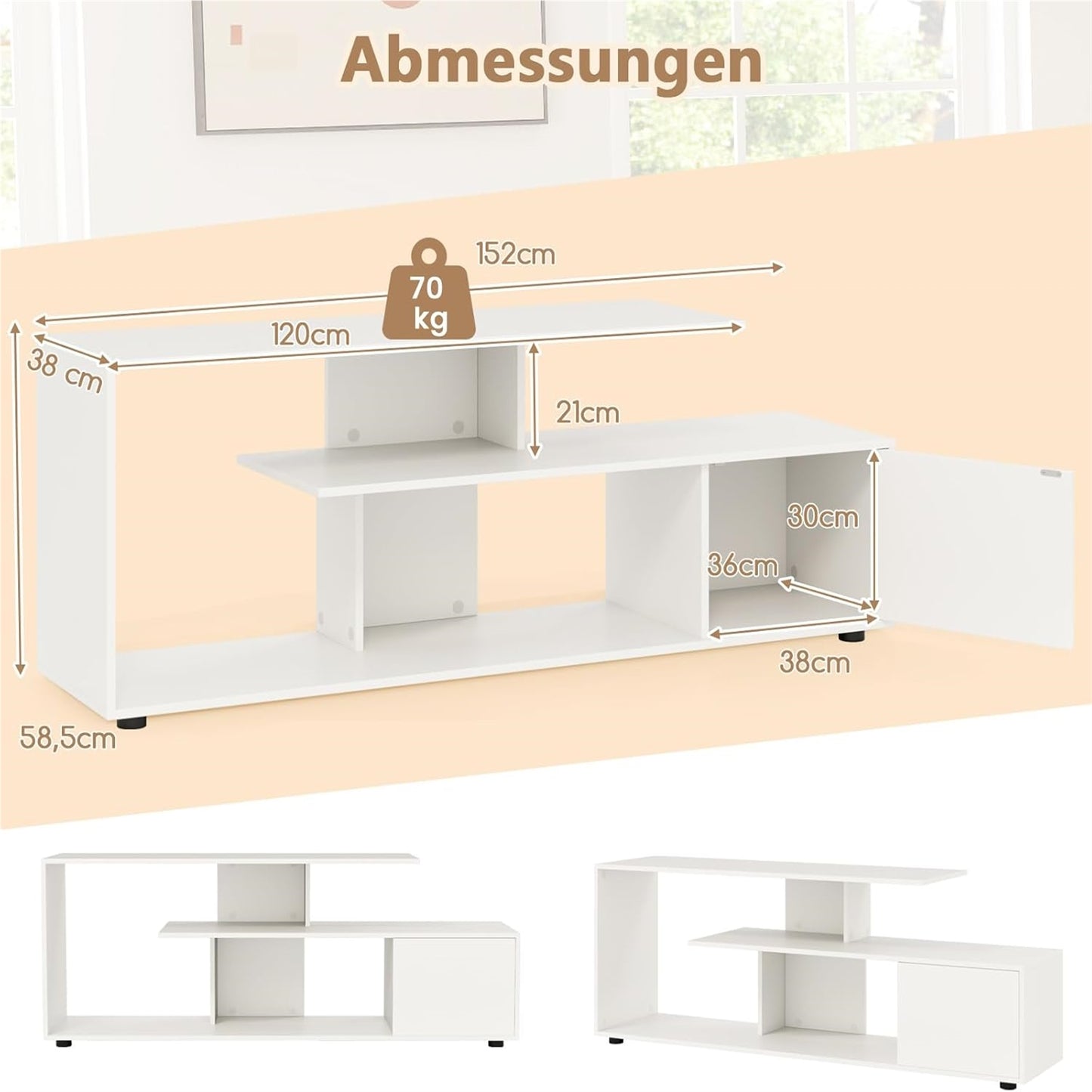TV-meubel – TV-kast – Lowboard – Tv-meubel met opbergruimte – Tv-plank – Wit – Voor tv’s tot 55 inch – Uniek asymmetrisch design