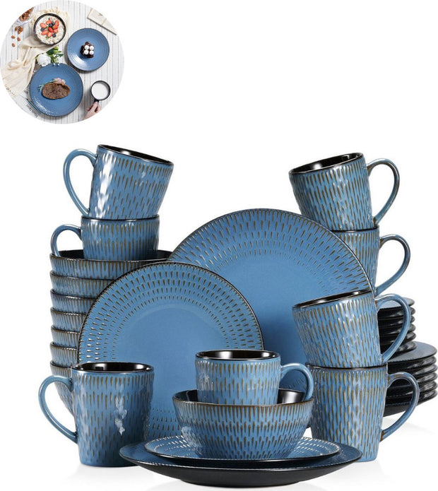 Luxe Serviesset – 32 Delig – 8 Persoons – Keramiek - Bordenset – Dinner Platen – Dessertborden – Kommen – Mokken – Schaaltjes – Blauw