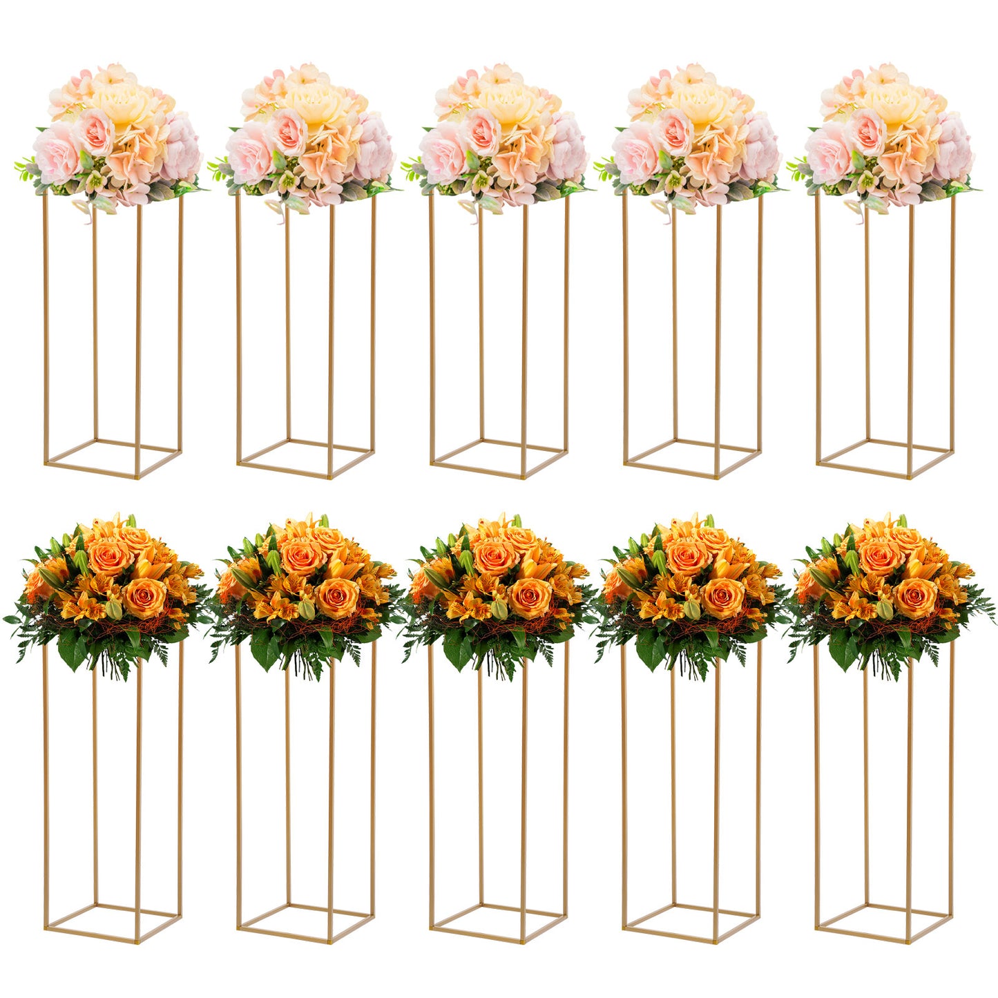 Vaasstandaard – Bloemenstandaard – Boeketstandaard – Bloemenhouder – Bloemhouder – Gouden Set van 10 – Stevig IJzer – 27x27x80 cm, Max 10 kg Draagkracht