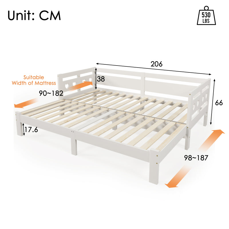 Uitschuifbaar Daybed – Uitklapbed – Slaapbank – Sofa Bed – Logeerbed – Massief Grenenhouten Frame – Ruimtebesparend 2-in-1 Design – Wit Retro – Lattenbodem – Geschikt Voor Matras 90-182x200 cm