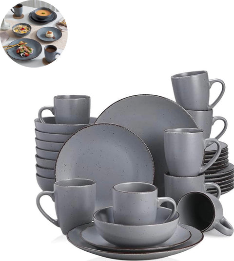 Luxe Serviesset – 32 delig – 8 persoons – Porselein - Bordenset – Dinner platen – Dessertborden - Kommen - Mokken - Schaaltjes -Grijs