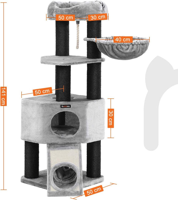 XXL Luxe Stevige Katten Krabpaal - Stevig Krabmeubel met Hangmat, Kattenhuis - Tunnel en Speeltouw - Grote Krabpaal Klimpaal - 141 cm Hoog - Grijs/Zwart