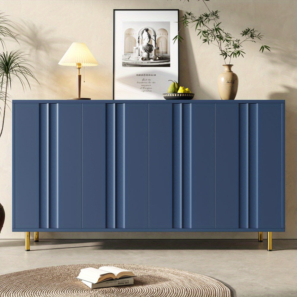 Opbergkast – Kast – Bergkast – Dressoir – Vitrinekast – Donkerblauw Met Gouden Accenten – Verticale Deuren – Stevige Metalen Poot – Hardhouten MDF – 140x40x85 cm