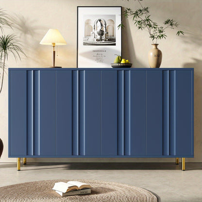 Opbergkast – Kast – Bergkast – Dressoir – Vitrinekast – Donkerblauw Met Gouden Accenten – Verticale Deuren – Stevige Metalen Poot – Hardhouten MDF – 140x40x85 cm