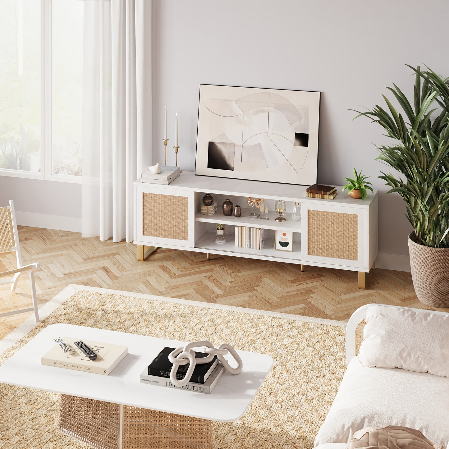TV-meubel – Tv Kast – Mediameubel – Tv Meubel – Tv Dressoir – Wit Rattan Accent – Geschikt Voor 65 Inch TV – Verstelbare Planken – Duurzame MDF Constructie