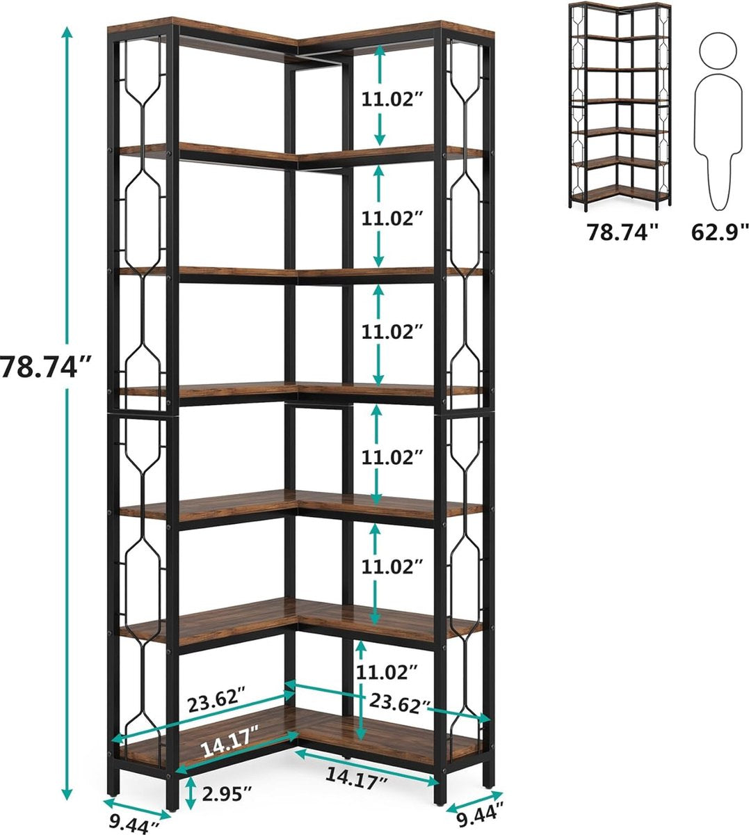 Boekenkast - Hoek Boekenkast met 7 Planken - Industrieel - Spaanplaat - Bruin/Zwart - 60 x 60 x 200 cm