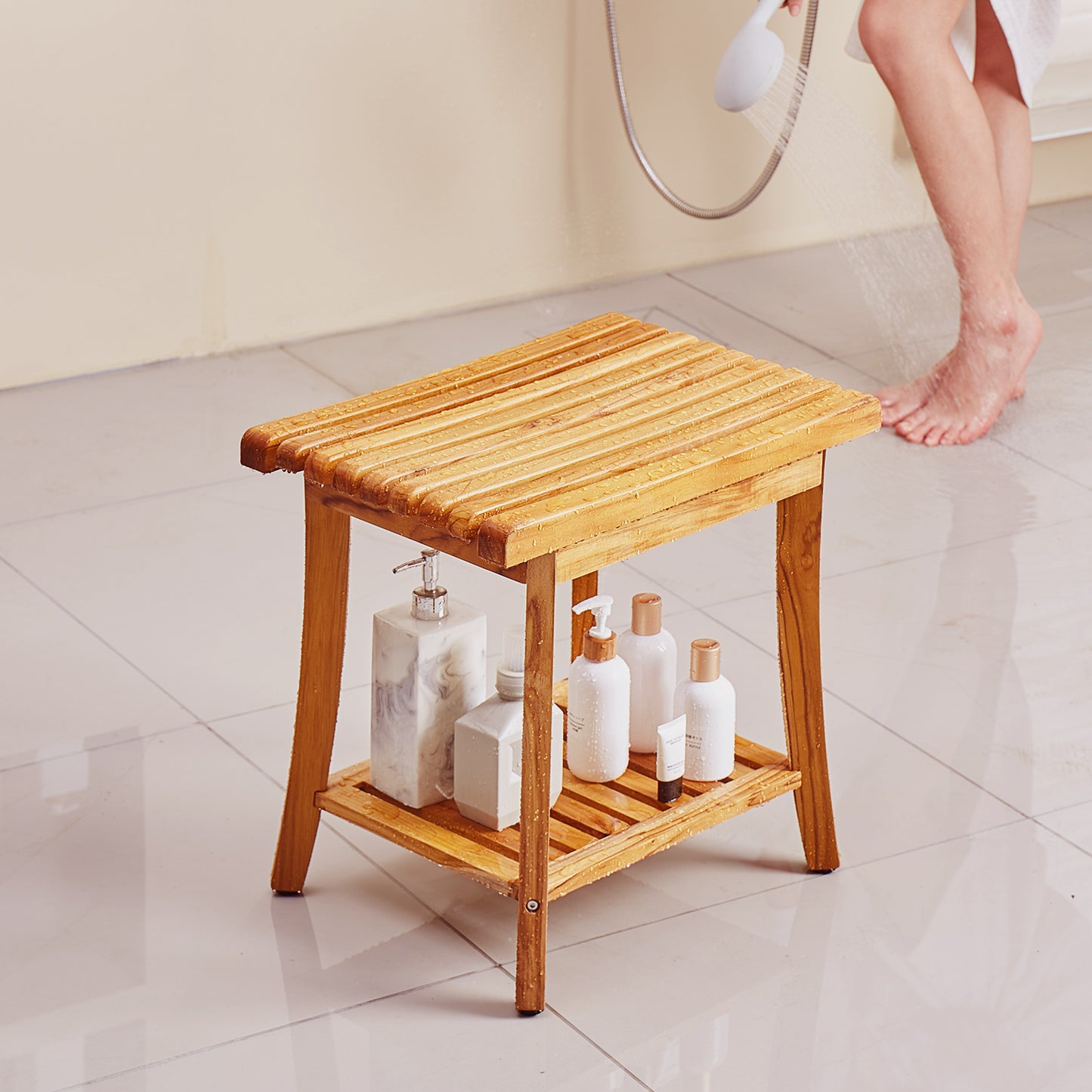 Douchebank – Douchezitje – Douchestoel – Badkamerkruk – Teak Houten Zitje – 20 x 14,3 x 17,9 Inch – 100% Massief Teakhout – Max Draagkracht 180 kg