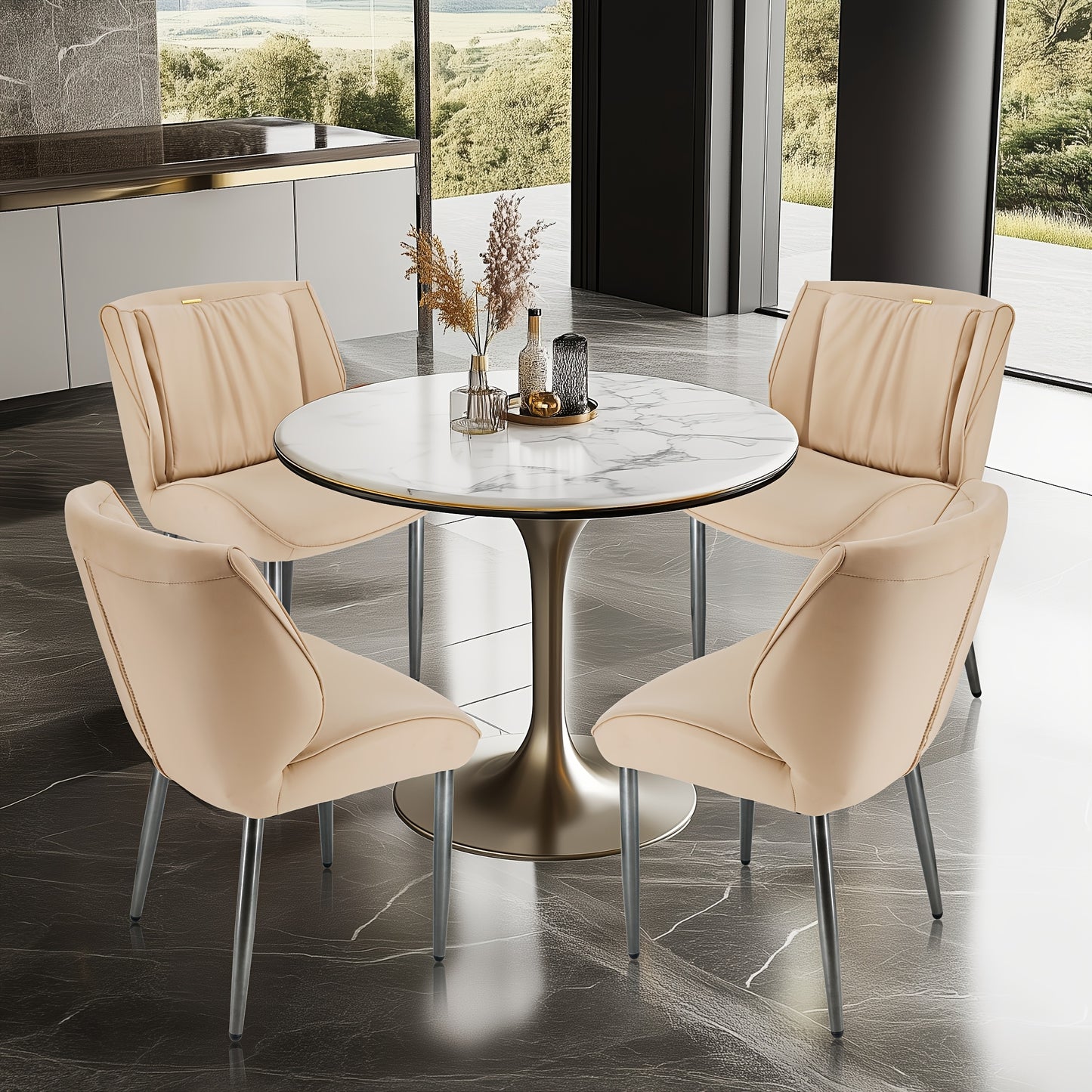 Eetkamerstoel – Stoel – Dining Chair – Zitstoel – Armstoel – Memory Foam Zitting – Stevige Metalen Poot – Licht Kaki & Donkergrijs