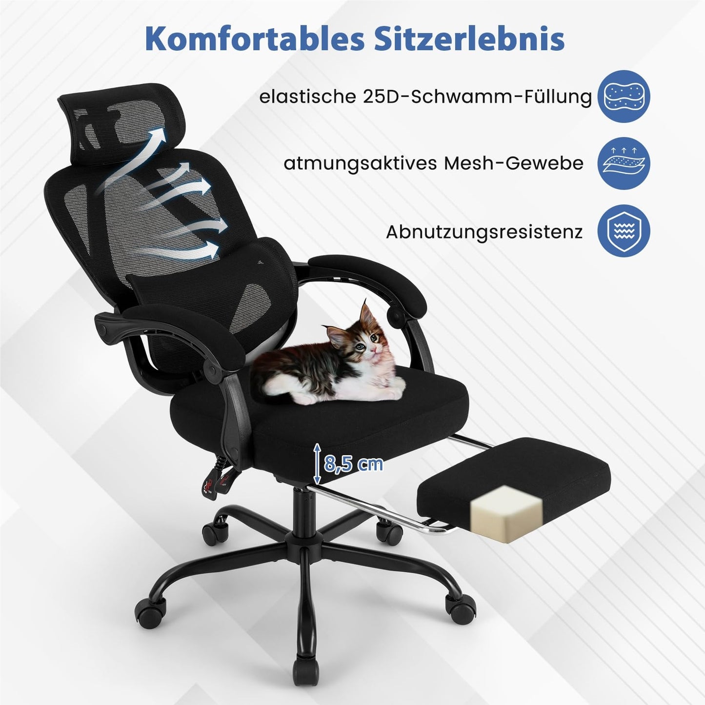 Ergonomische Bureaustoel – Bureaustoel – Werkstoel – Computestoel – Draaistoel – Uitschuifbare Voetsteun – Verstelbare Rugleuning & Hoofdkussen – Ademend Mesh Materiaal