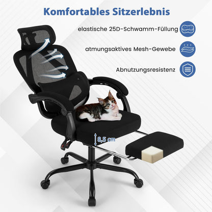 Ergonomische Bureaustoel – Bureaustoel – Werkstoel – Computestoel – Draaistoel – Uitschuifbare Voetsteun – Verstelbare Rugleuning & Hoofdkussen – Ademend Mesh Materiaal