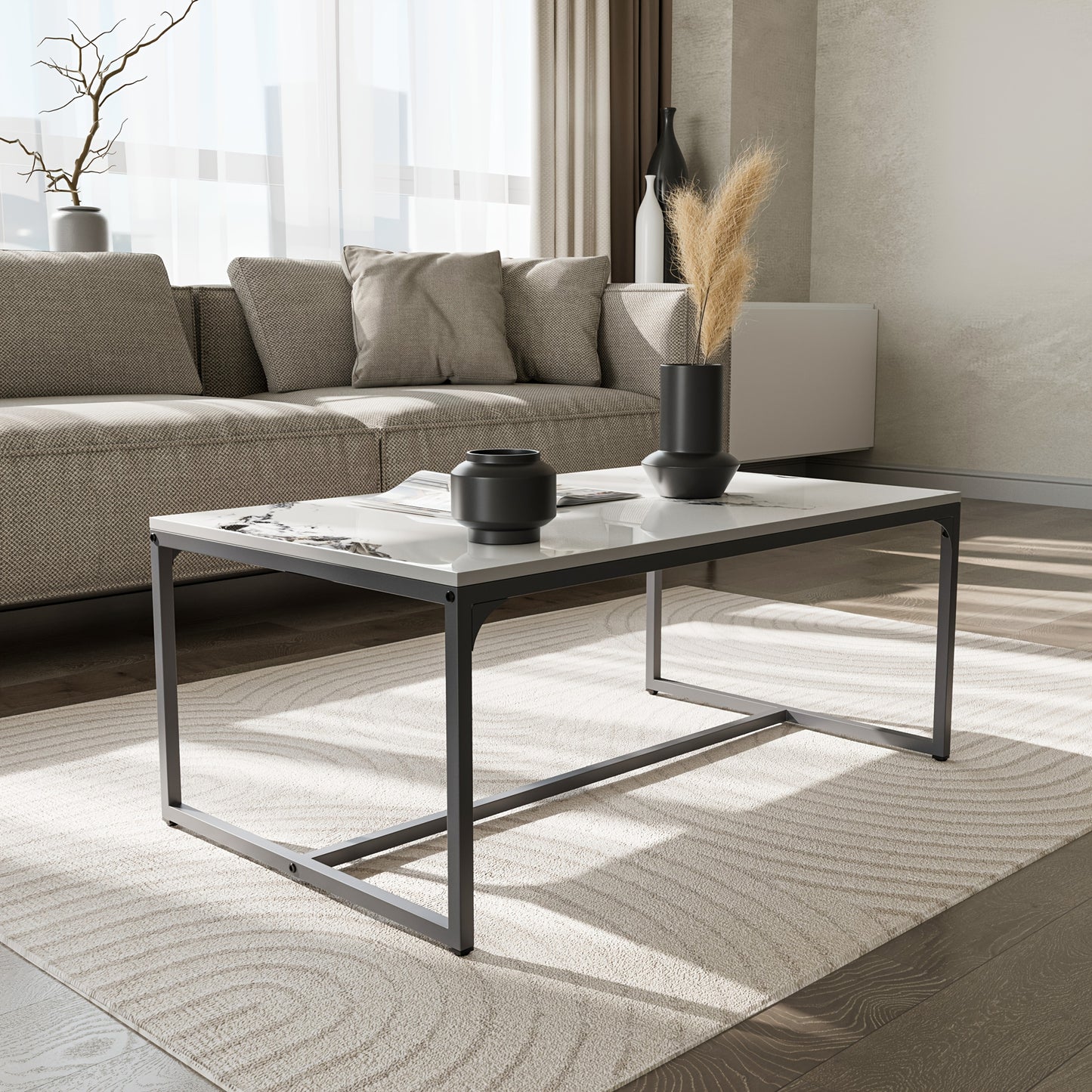 Salontafel – Koffietafel – Woonkamertafel – Bijzettafel – Tafeltje – Wit Sintersteen Blad – Kras- en Hittebestendig – Roestvrij Aluminium Frame