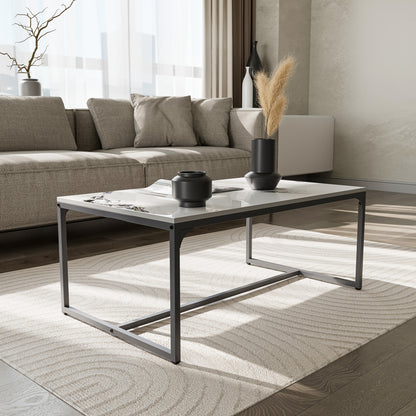 Salontafel – Koffietafel – Woonkamertafel – Bijzettafel – Tafeltje – Wit Sintersteen Blad – Kras- en Hittebestendig – Roestvrij Aluminium Frame