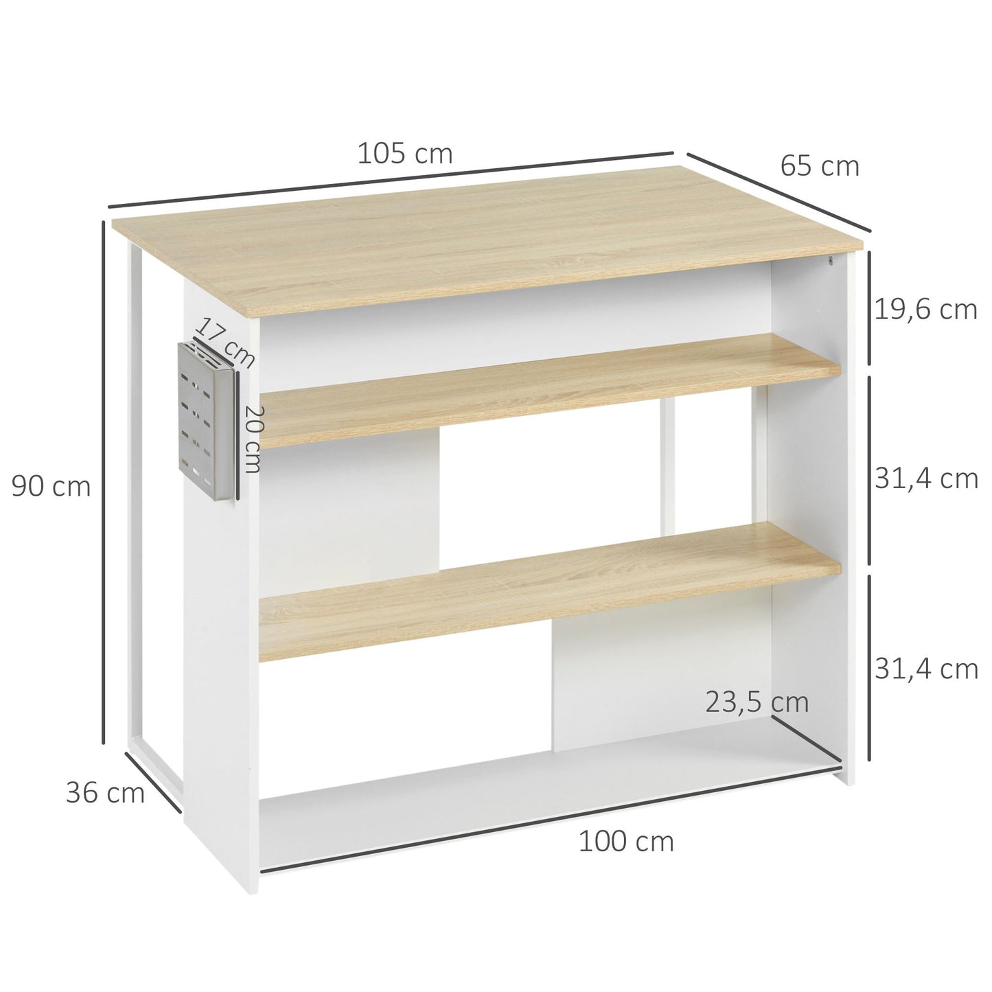 Keukeneiland – Keukenwagen – Kookeiland – Werktafel – Keukentrolley – 3 Open Planken – Roestvrijstalen Messenhouder – 105x65x90 cm – Wit/Naturel
