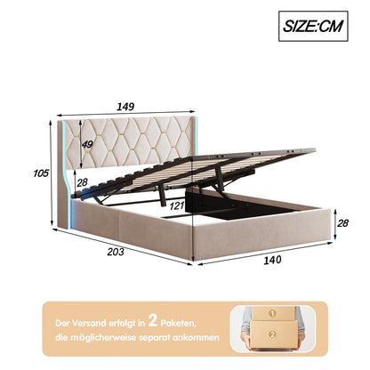 Opbergbed Tweepersoons – Stalen Bedframe – Fluwelen Bed – Opbergkast Bed – Led Verlichting Bed – 140x190 cm – USB Oplaadpoorten – Gasdrukveer Opbergruimte