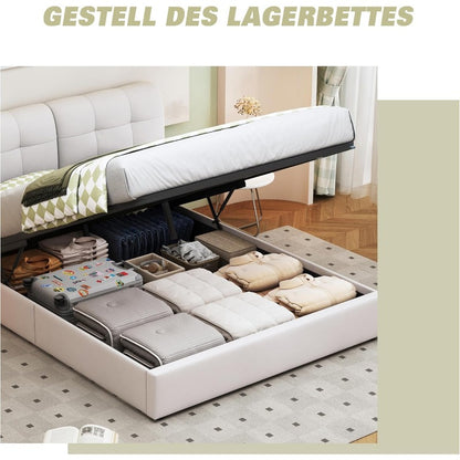 YCZ Storage Bed, Bed Frame with Slats, LED Double Bed, Bed Frame, Headboard, Velvet Fabric, Modern Style, Beige And White (Beige And White)