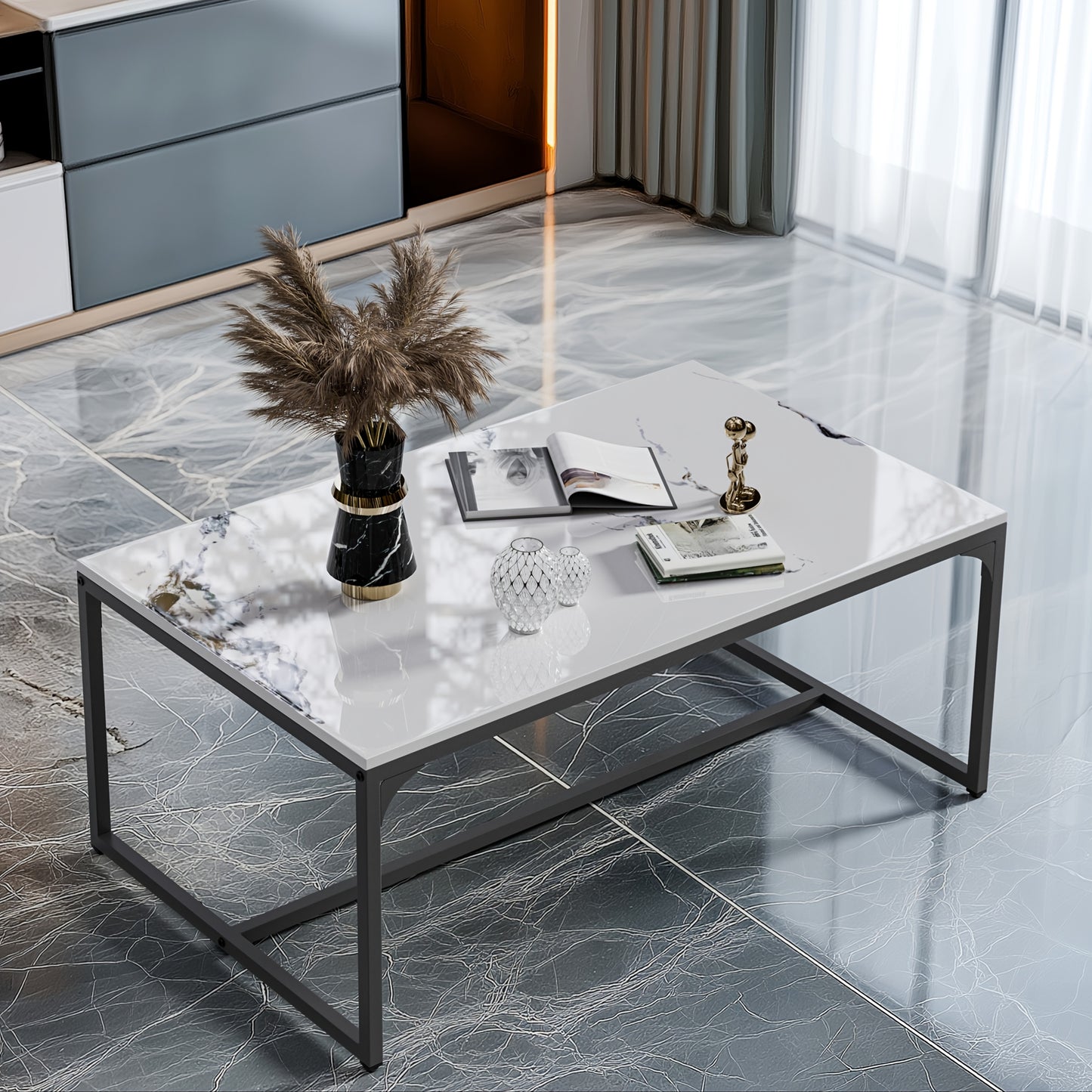 Salontafel – Koffietafel – Woonkamertafel – Bijzettafel – Tafeltje – Wit Sintersteen Blad – Kras- en Hittebestendig – Roestvrij Aluminium Frame