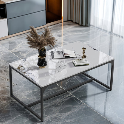 Salontafel – Koffietafel – Woonkamertafel – Bijzettafel – Tafeltje – Wit Sintersteen Blad – Kras- en Hittebestendig – Roestvrij Aluminium Frame