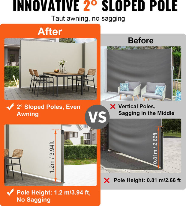 Zijluifel - Gemaakt van 180 g/m² Polyesterweefsel met PU-coating, 200 x 600 cm, met Uitschuifbare Handgreep en Veermechanisme, voor Balkons en Terrassen, Beige