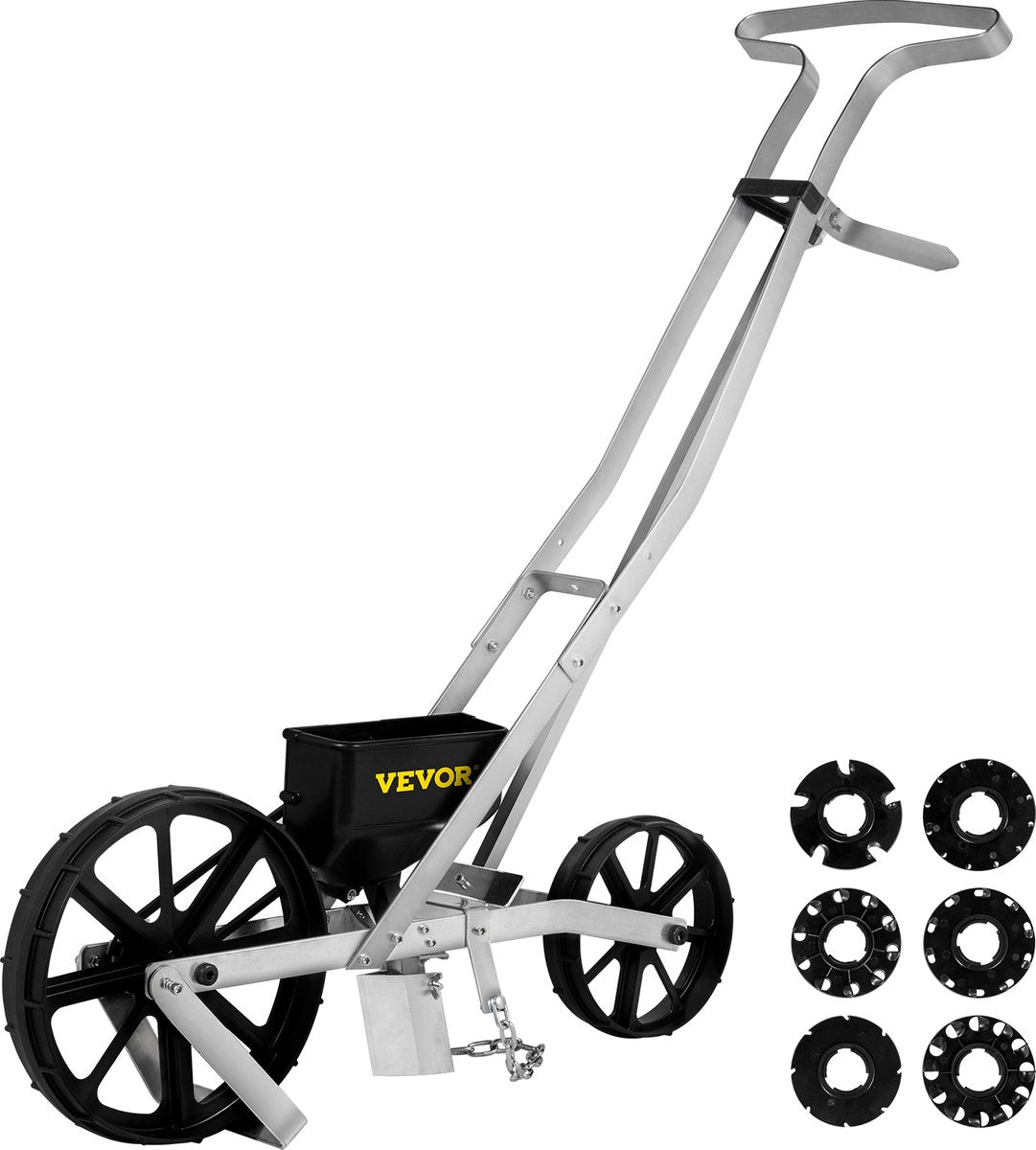Tuin Push Zaaimachine - 78-84cm - Aluminium en ABS Rij Gewas Planter - met Zes Verwisselbare Zaadplaten en Rijmarkering - voor Het Zaaien van Verschillende Gewassen en Groenten