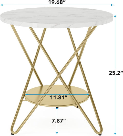 Moderne Ronde Bijzettafel - 2-laags Imitatiemarmeren Salontafel - op Stevig Metalen Frame - Wit en Goud - Woonkamertafel - Kleine Tafel - voor Woonkamer - Slaapkamer