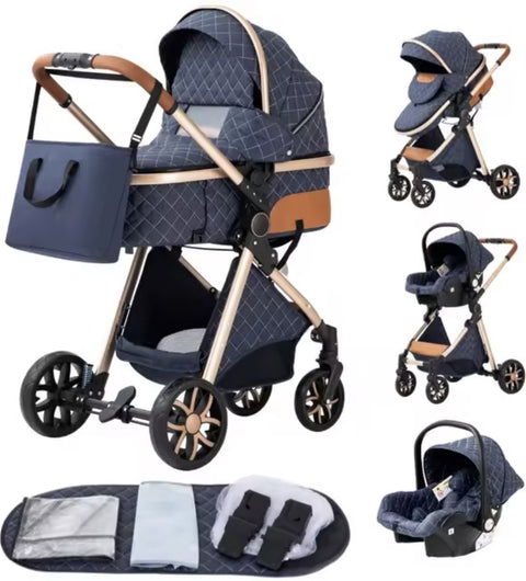 Kinderwagen 3 in 1 - Kinderwagen - Bedje - Buggy - Autostoel - Opvouwbaar - Aluminium frame - Blauw - Goud - Bruin