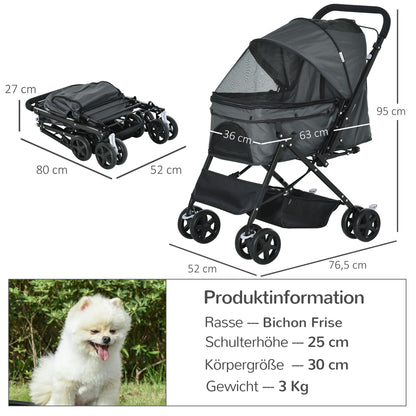 Opvouwbare Hondenwagen – Hondenbuggy – Huisdierenwagen – Wandelwagen – Dierenwagen – Verstelbare Beschermkap – Mesh Ventilatievenster – Donkergrijs – 76,5 x 52 x 95 cm