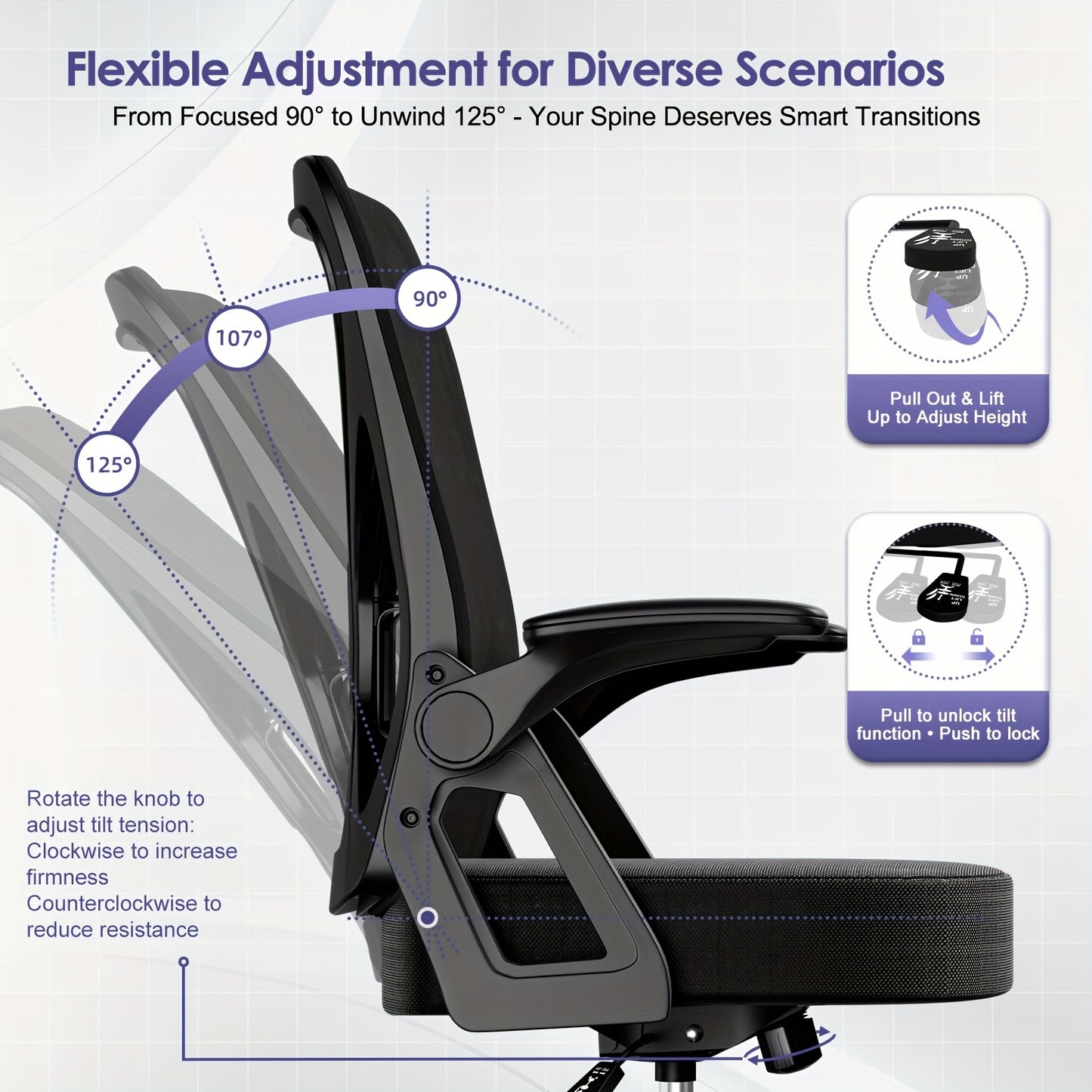 Modern Ergonomic Office Chair with Adjustable Lumbar Support, Breathable S-Shaped Backrest, Foldable Armrests, High-Density Foam Seat & Quiet 360° PU Wheels - Smooth
