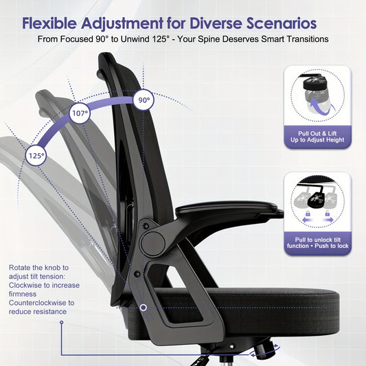 Modern Ergonomic Office Chair with Adjustable Lumbar Support, Breathable S-Shaped Backrest, Foldable Armrests, High-Density Foam Seat & Quiet 360° PU Wheels - Smooth