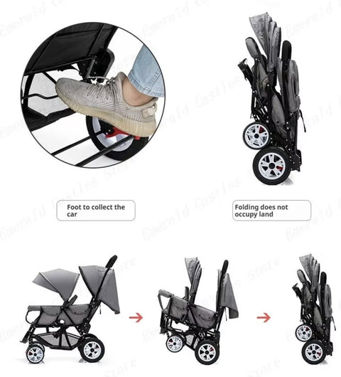 Duo kinderwagen - Duo buggy - Tweeling kinderwagen - Dubbele kinderwagen - Opvouwbaar - Met regenhoes - Rood/Goud/Zwart