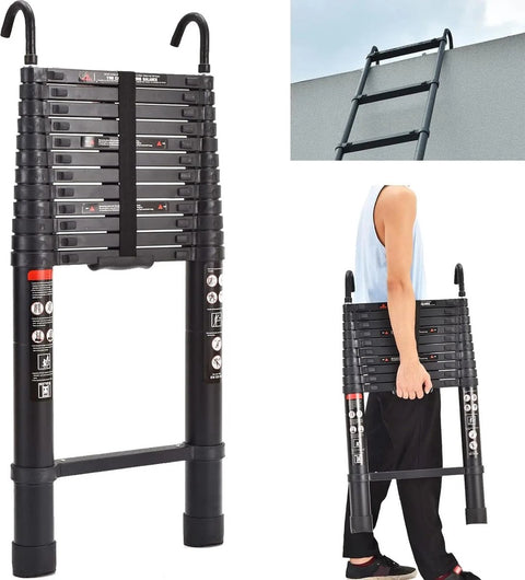 Telescopische Opvouwbare Ladder - 5M Aluminium Verlengladder met Afneembare Haak en Antislipdoppen - Geschikt voor Schilderen, Ramen Wassen, Onderhoud - Werkhoogte 500cm