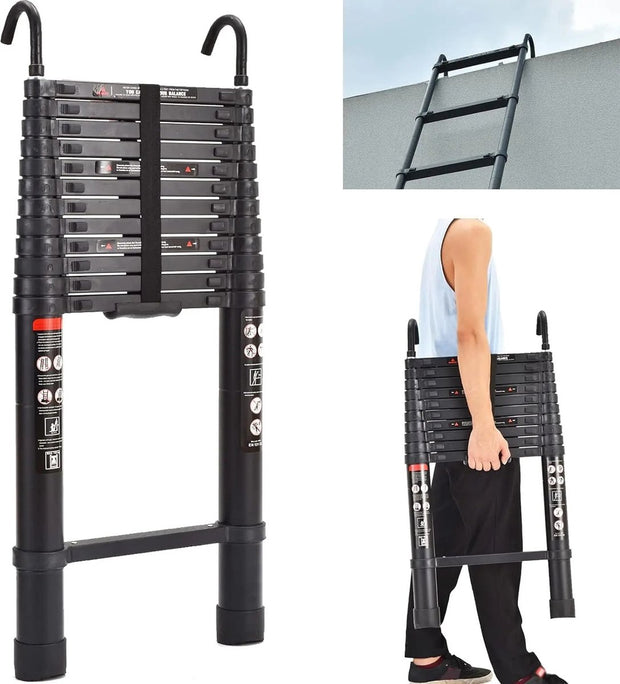 Telescopische Opvouwbare Ladder - 5M Aluminium Verlengladder met Afneembare Haak en Antislipdoppen - Geschikt voor Schilderen, Ramen Wassen, Onderhoud - Werkhoogte 500cm